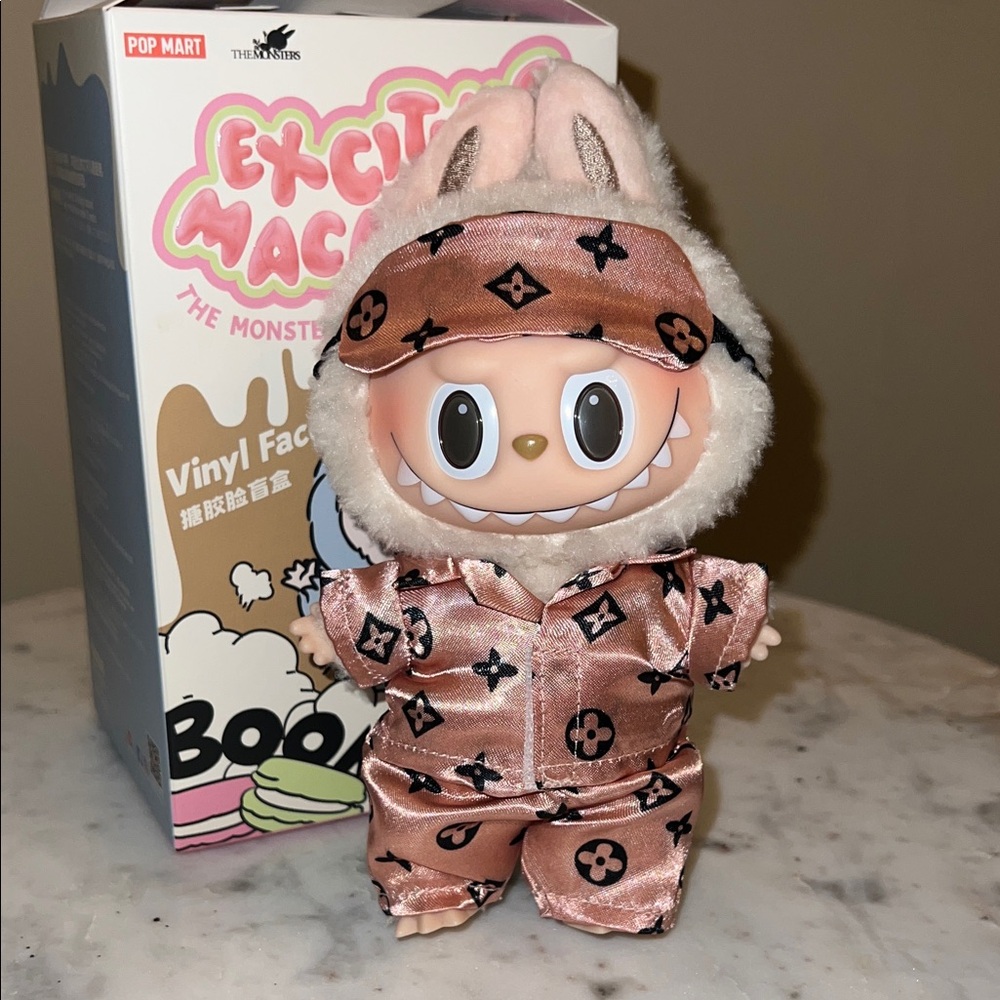 Adorable and Super Luxe Designer  Pink Monogram Pajamas + Eye Mask for Labubu